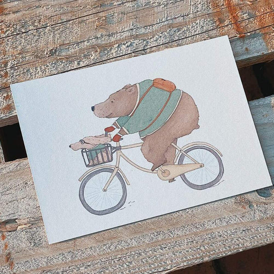 Postkarte Radel Raudis Hund und Bär auf dem Fahrrad