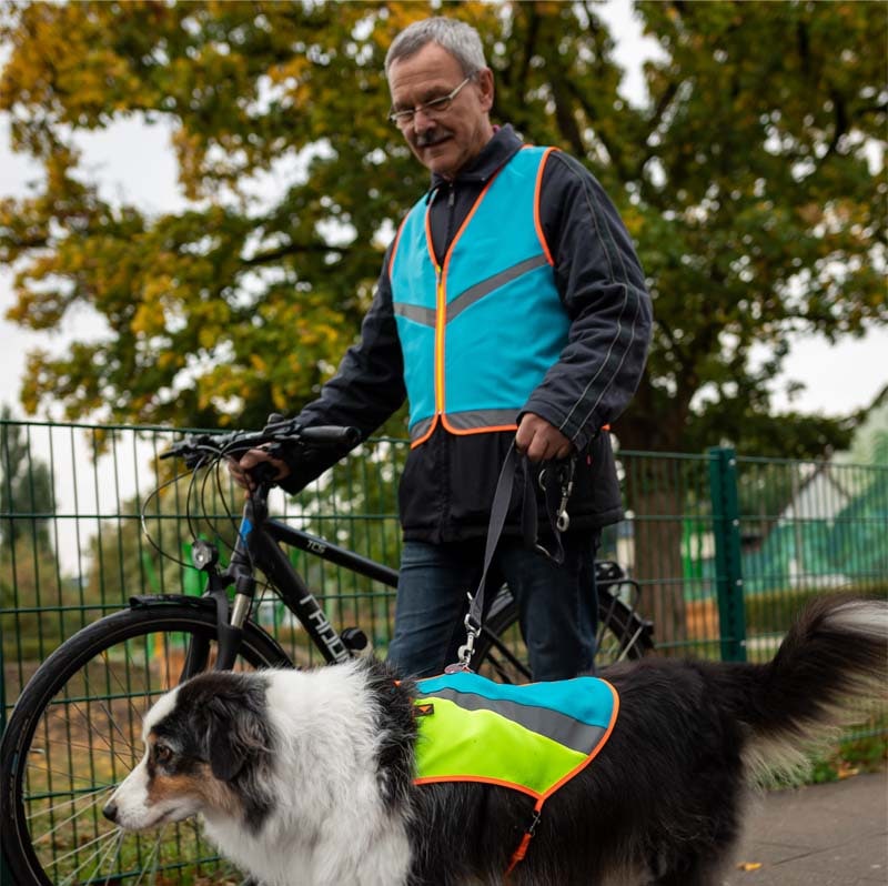 Warnweste Fahrrad Hund geschirrkompatibel fair nachhaltig gelb blau reflex